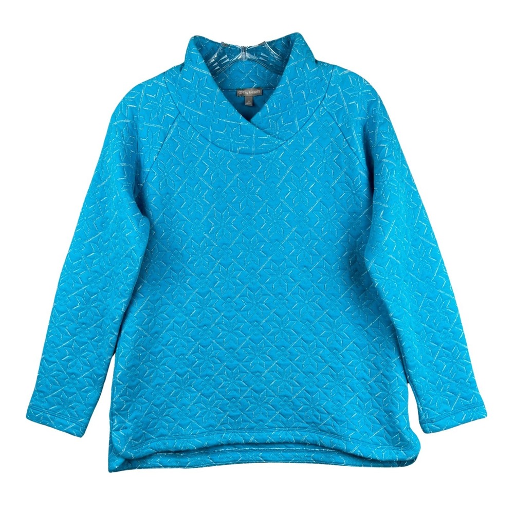 Talbots Women's Small Petite Blue Quilted Metallic Geo Print Mock Neck Pullover